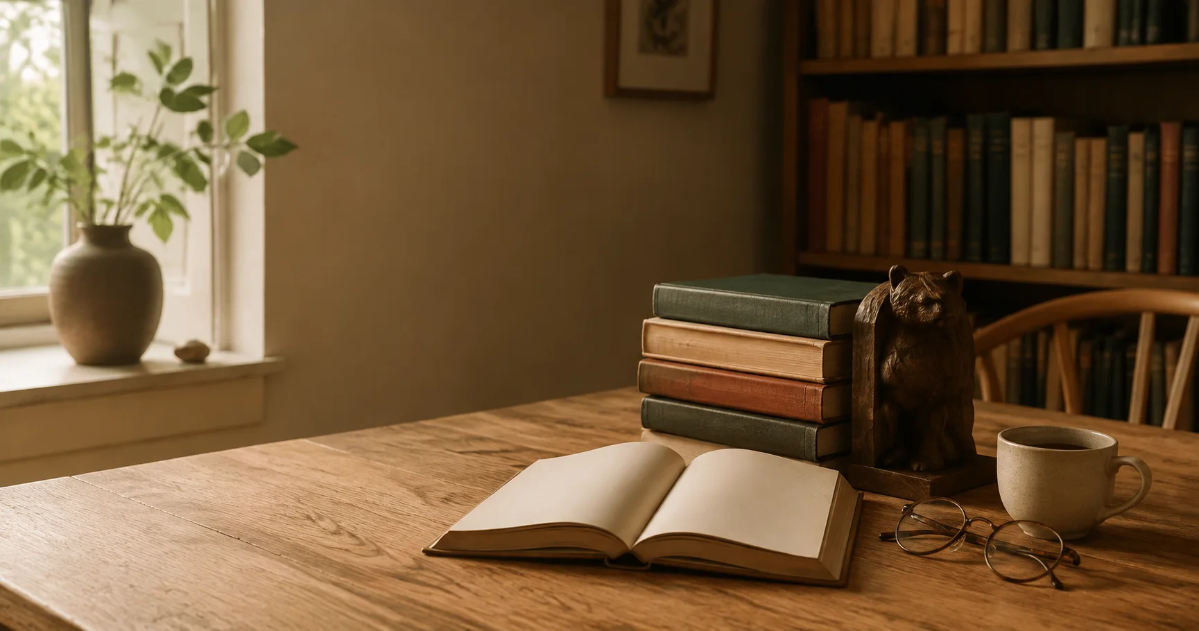 Leeshoek met open boek, boekstapel en houten beer bij een raam